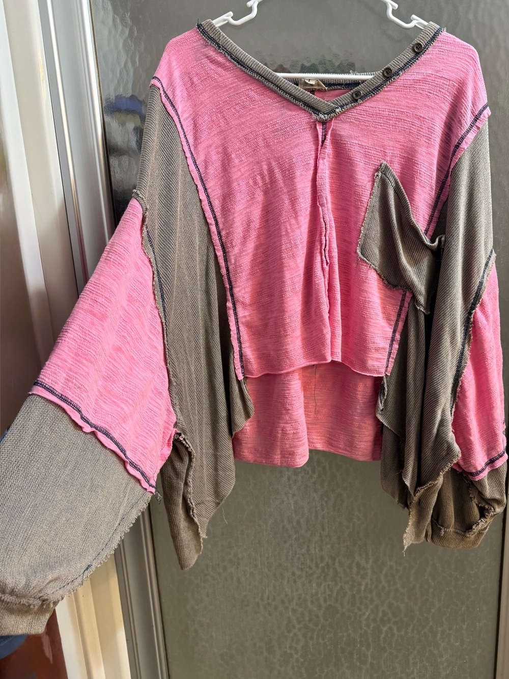 POL Two-Tone Pink and Taupe Patchwork Pullover